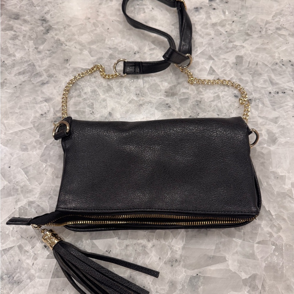 Black Leather Crossbody Bag with Gold Chain